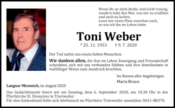 Traueranzeige von Toni Weber von trierischer_volksfreund
