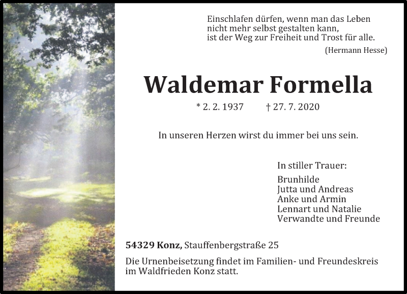  Traueranzeige für Waldemar Formella vom 31.07.2020 aus trierischer_volksfreund