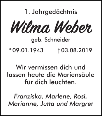 Traueranzeige von Wilma Weber von trierischer_volksfreund