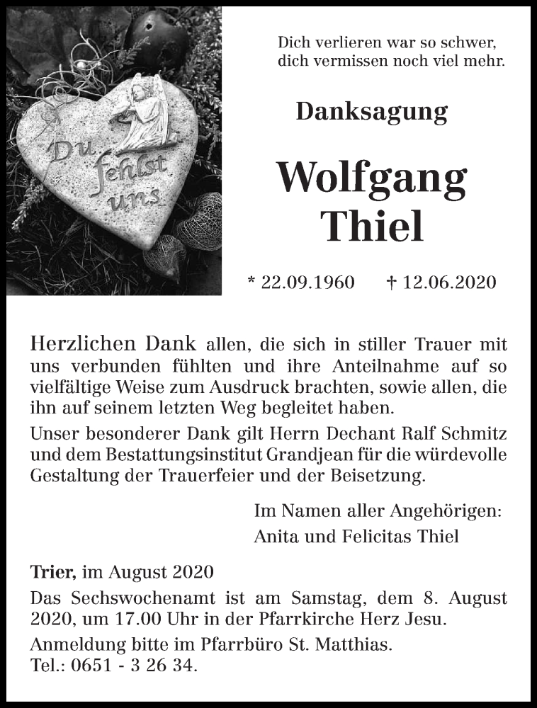  Traueranzeige für Wolfgang Thiel vom 04.08.2020 aus trierischer_volksfreund