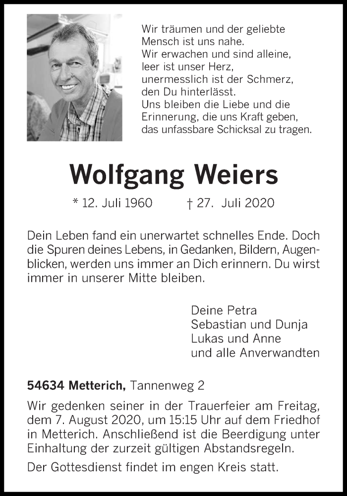  Traueranzeige für Wolfgang Weiers vom 31.07.2020 aus trierischer_volksfreund