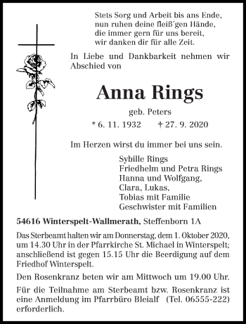 Traueranzeige von Anna Rings von trierischer_volksfreund