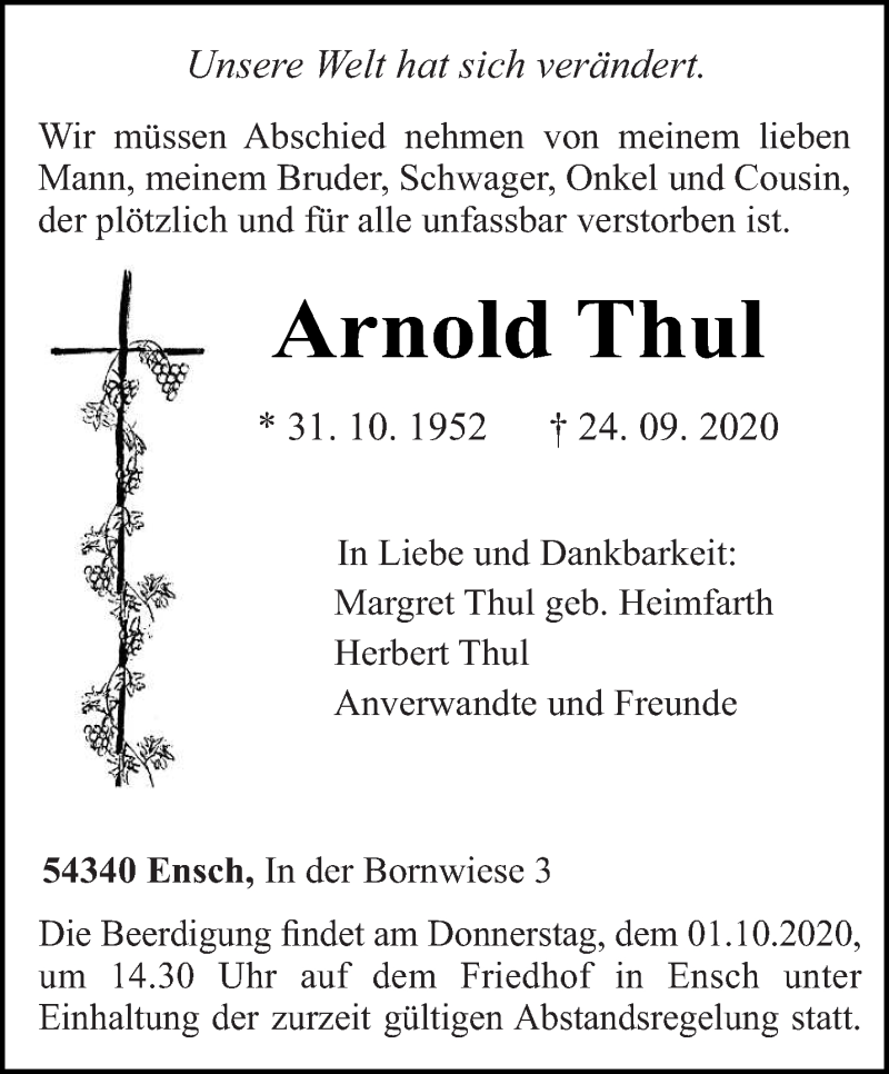  Traueranzeige für Arnold Thul vom 26.09.2020 aus trierischer_volksfreund