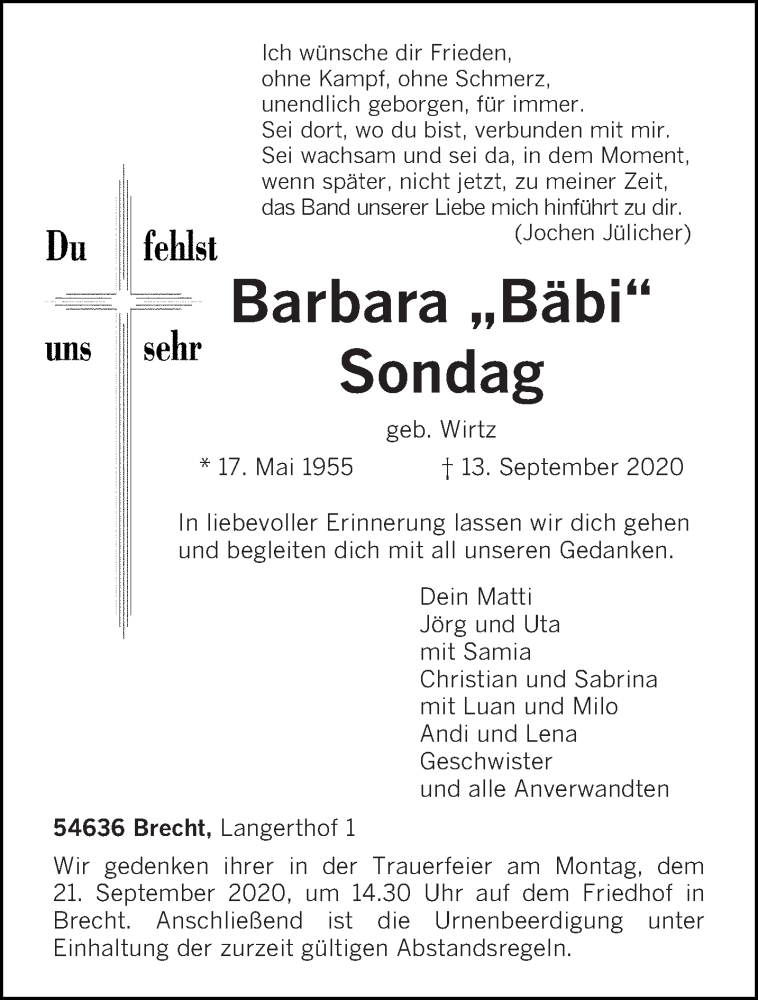  Traueranzeige für Barbara Sondag vom 16.09.2020 aus trierischer_volksfreund