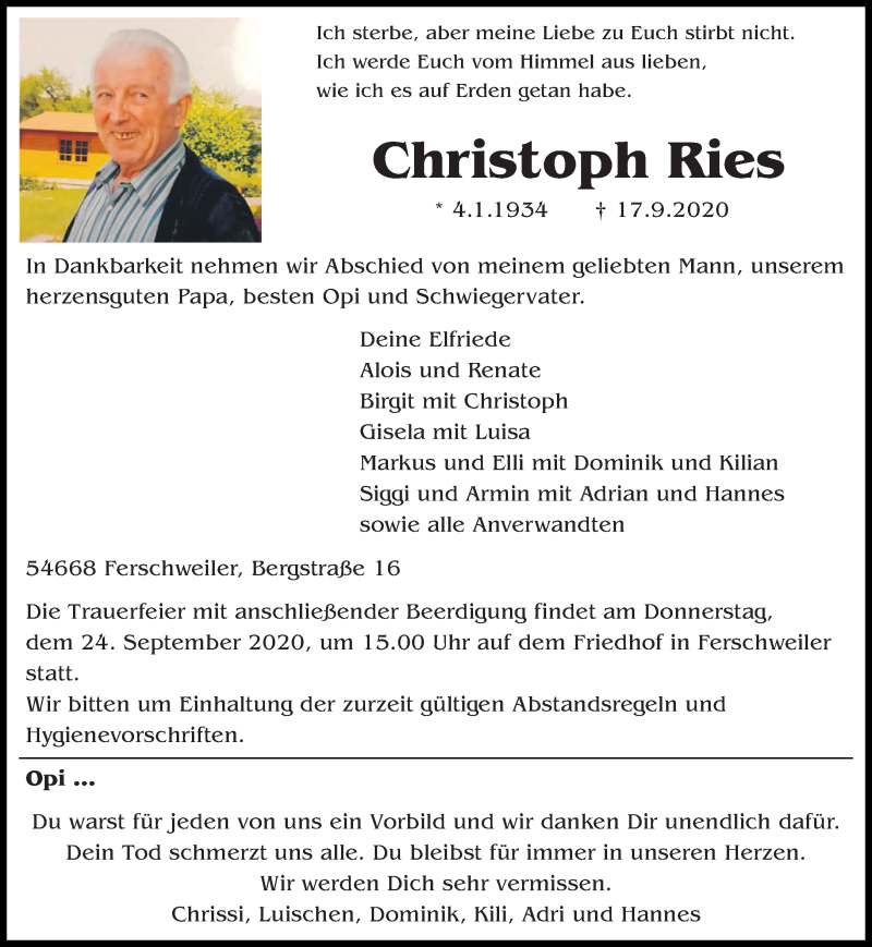  Traueranzeige für Christoph Ries vom 19.09.2020 aus trierischer_volksfreund