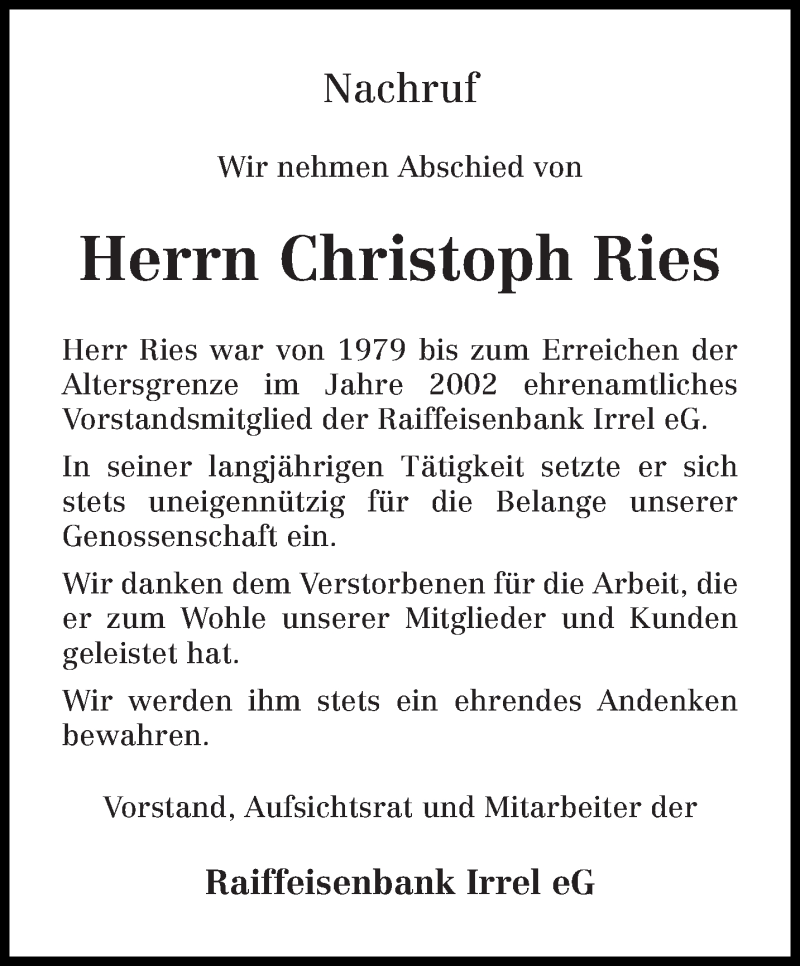  Traueranzeige für Christoph Ries vom 22.09.2020 aus trierischer_volksfreund