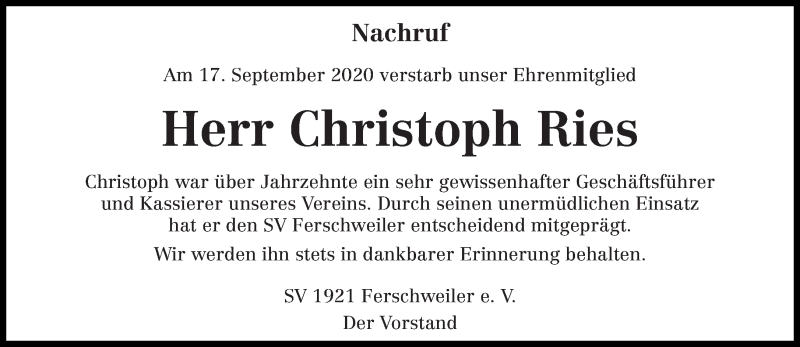  Traueranzeige für Christoph Ries vom 24.09.2020 aus trierischer_volksfreund