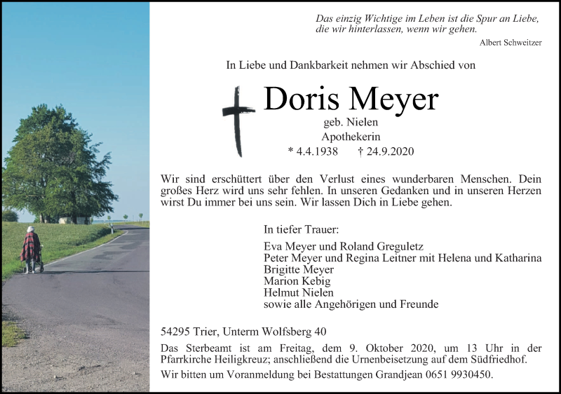  Traueranzeige für Doris Meyer vom 26.09.2020 aus trierischer_volksfreund