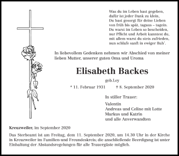 Traueranzeige von Elisabeth Backes von trierischer_volksfreund