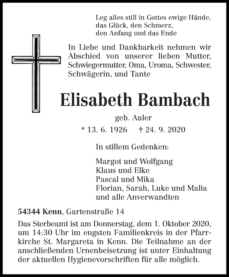  Traueranzeige für Elisabeth Bambach vom 26.09.2020 aus trierischer_volksfreund