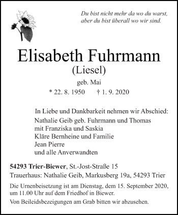 Traueranzeige von Elisabeth Fuhrmann von trierischer_volksfreund