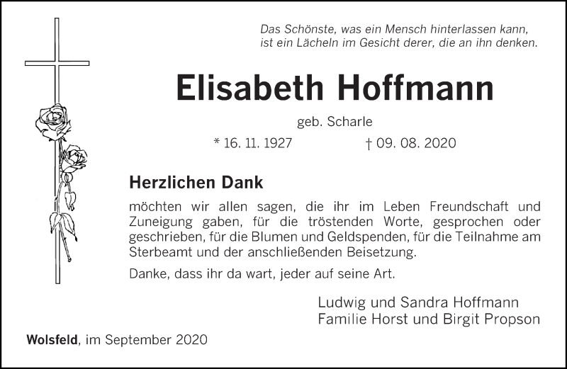  Traueranzeige für Elisabeth Hoffmann vom 23.09.2020 aus trierischer_volksfreund