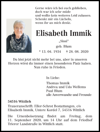 Traueranzeige von Elisabeth Immik von trierischer_volksfreund
