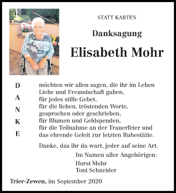 Traueranzeige von Elisabeth Mohr von trierischer_volksfreund