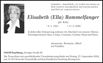 Traueranzeige von Elisabeth Rommelfanger von trierischer_volksfreund