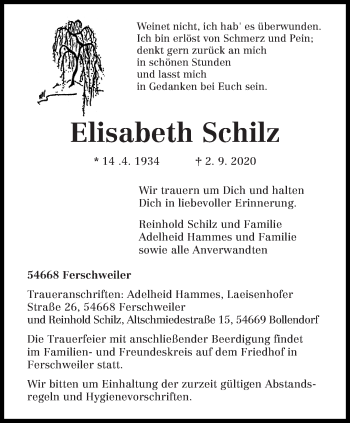 Traueranzeige von Elisabeth Schilz von trierischer_volksfreund
