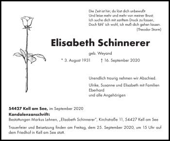 Traueranzeige von Elisabeth Schinnerer von trierischer_volksfreund