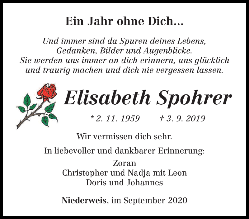  Traueranzeige für Elisabeth Spohrer vom 02.09.2020 aus trierischer_volksfreund