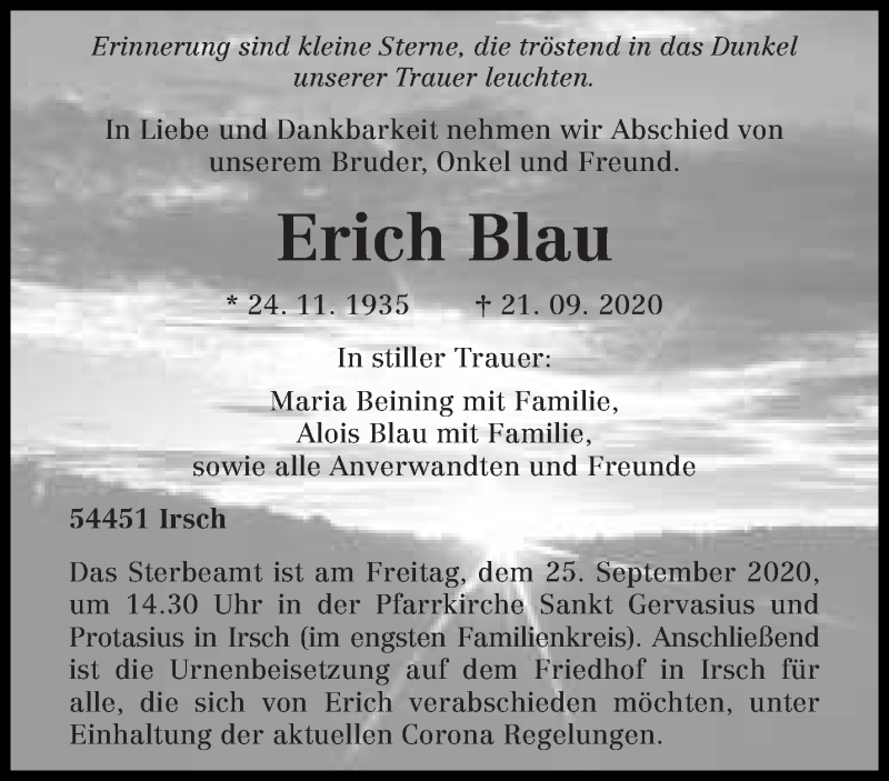  Traueranzeige für Erich Blau vom 23.09.2020 aus trierischer_volksfreund