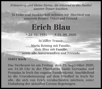 Traueranzeige von Erich Blau von trierischer_volksfreund