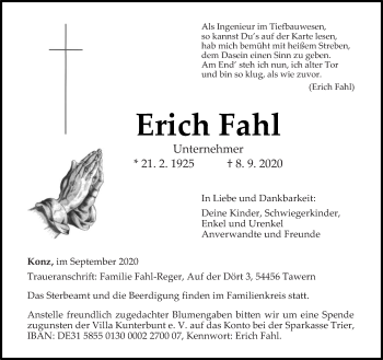 Traueranzeige von Erich Fahl von trierischer_volksfreund