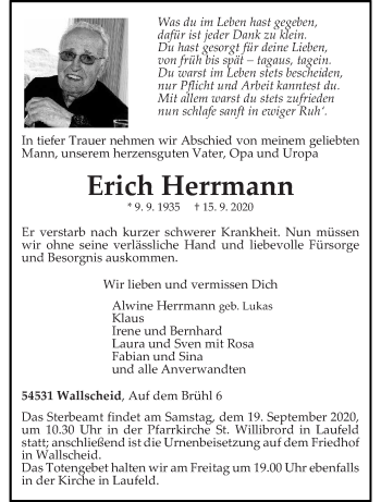 Traueranzeige von Erich Herrmann von trierischer_volksfreund