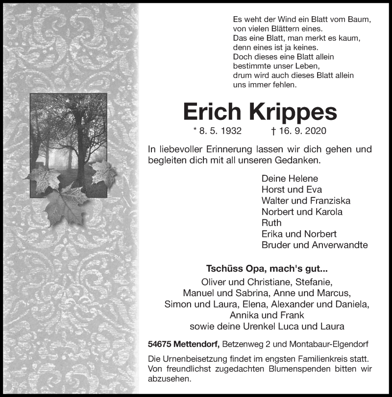 Traueranzeige für Erich Krippes vom 19.09.2020 aus trierischer_volksfreund