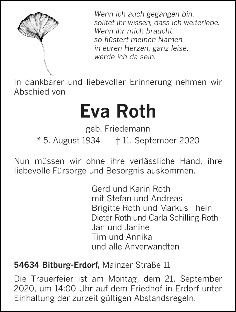  Traueranzeige für Eva Roth vom 15.09.2020 aus trierischer_volksfreund