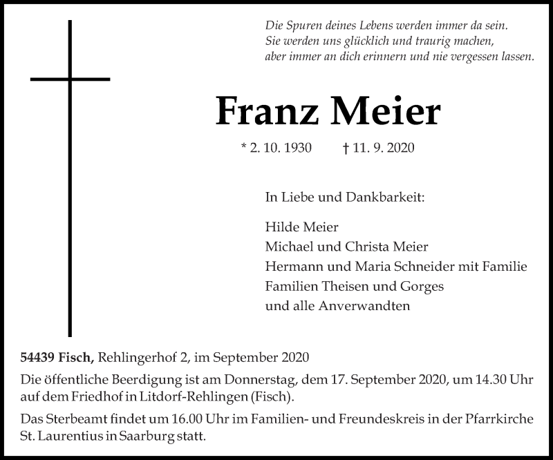 Traueranzeige für Franz Meier vom 15.09.2020 aus trierischer_volksfreund