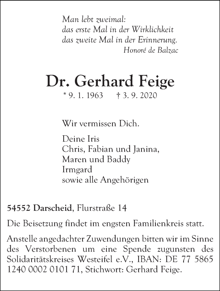  Traueranzeige für Gerhard Feige vom 12.09.2020 aus trierischer_volksfreund