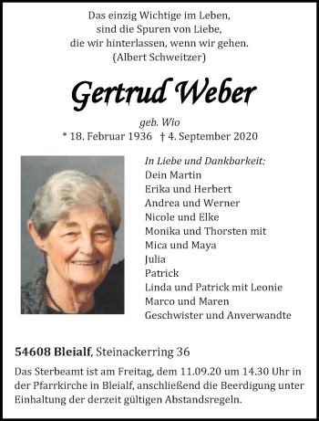 Traueranzeige von Gertrud Weber von trierischer_volksfreund