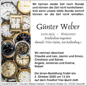 Traueranzeige von Günter Weber von trierischer_volksfreund