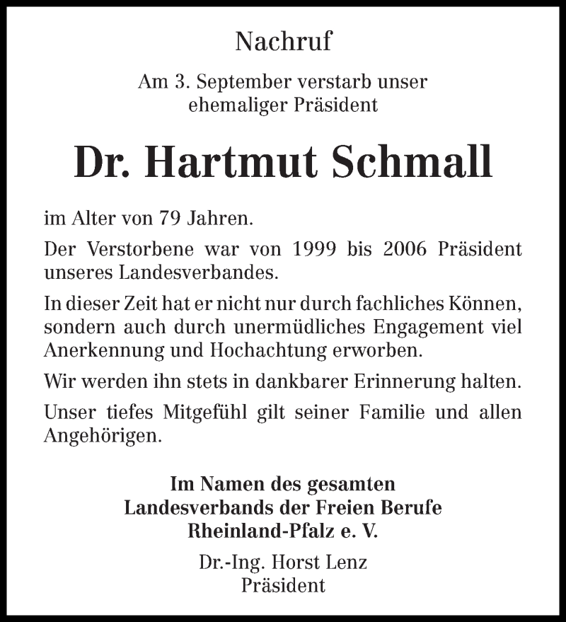  Traueranzeige für Hartmut Schmall vom 19.09.2020 aus trierischer_volksfreund