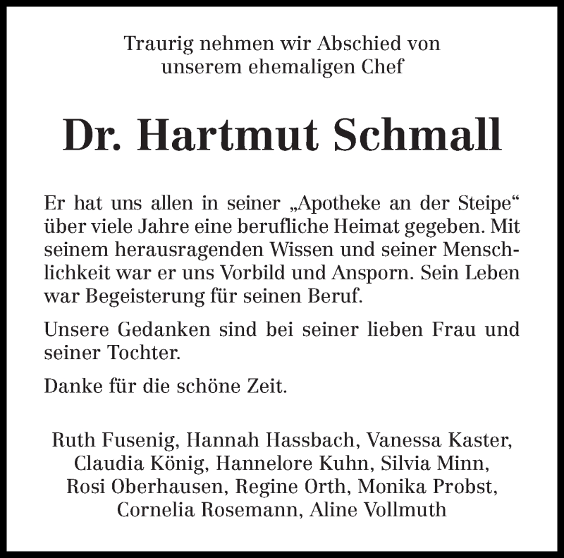  Traueranzeige für Hartmut Schmall vom 19.09.2020 aus trierischer_volksfreund