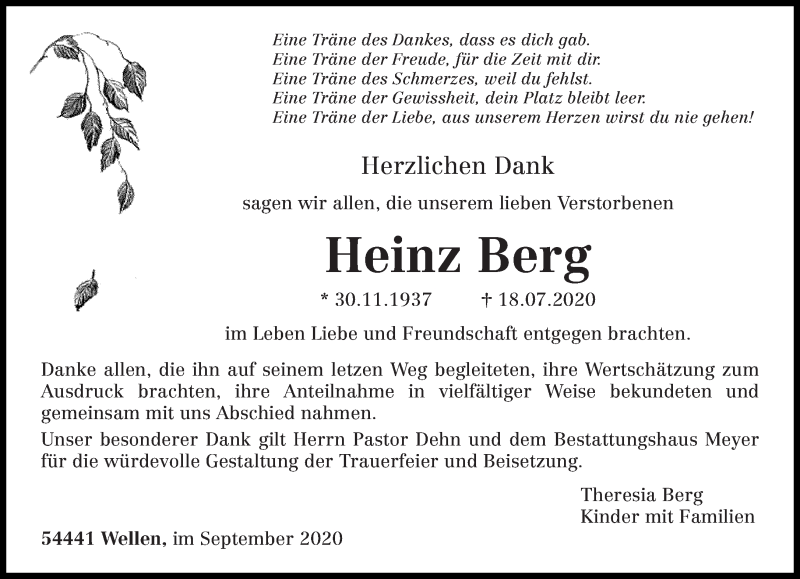  Traueranzeige für Heinz Berg vom 12.09.2020 aus trierischer_volksfreund
