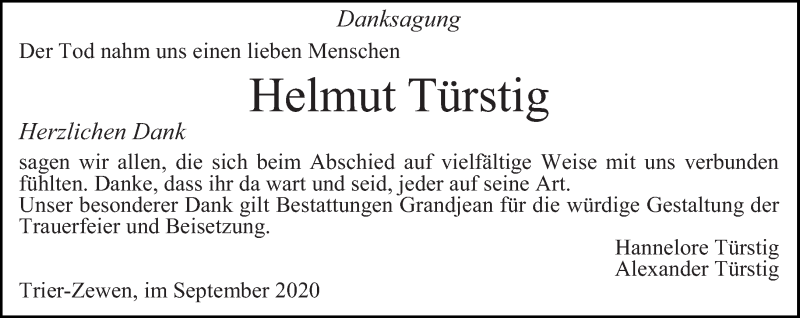  Traueranzeige für Helmut Türstig vom 05.09.2020 aus trierischer_volksfreund
