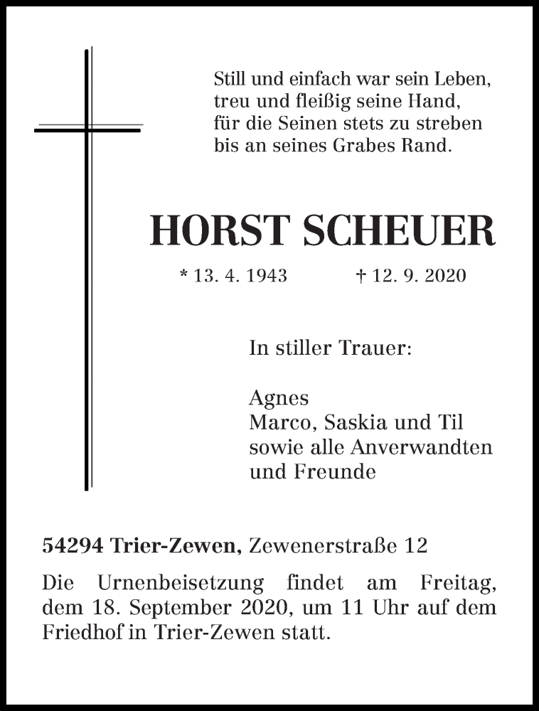  Traueranzeige für Horst Scheuer vom 16.09.2020 aus trierischer_volksfreund