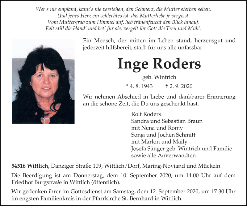  Traueranzeige für Inge Roders vom 05.09.2020 aus trierischer_volksfreund