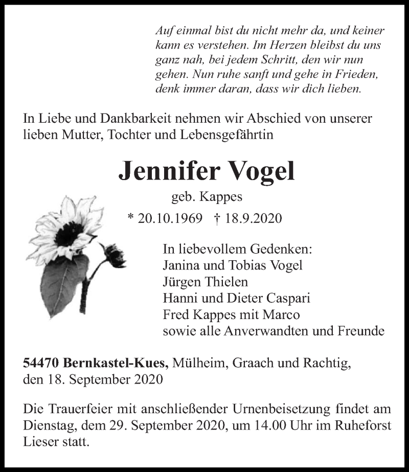  Traueranzeige für Jennifer Vogel vom 23.09.2020 aus trierischer_volksfreund