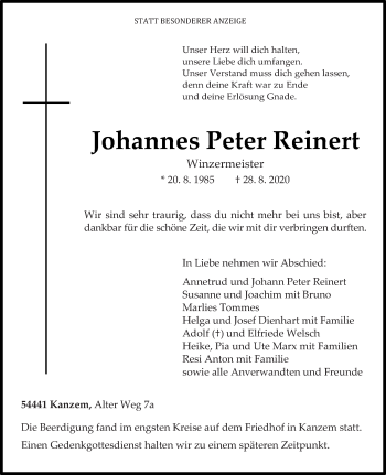 Traueranzeige von Johannes Peter Reinert von trierischer_volksfreund