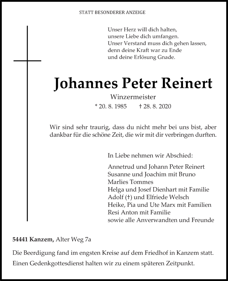  Traueranzeige für Johannes Peter Reinert vom 05.09.2020 aus trierischer_volksfreund