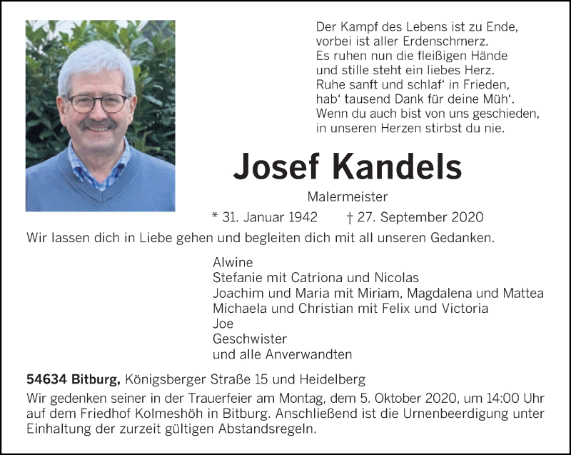  Traueranzeige für Josef Kandels vom 29.09.2020 aus trierischer_volksfreund