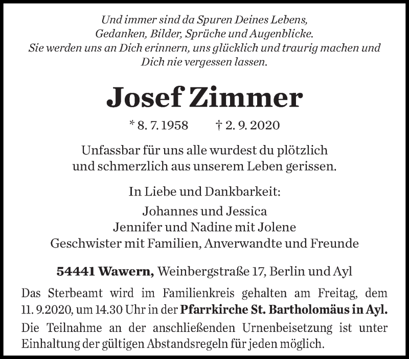  Traueranzeige für Josef Zimmer vom 10.09.2020 aus trierischer_volksfreund