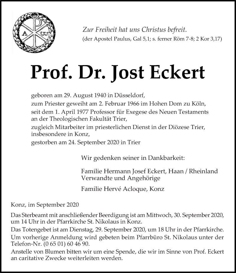  Traueranzeige für Jost Eckert vom 26.09.2020 aus trierischer_volksfreund