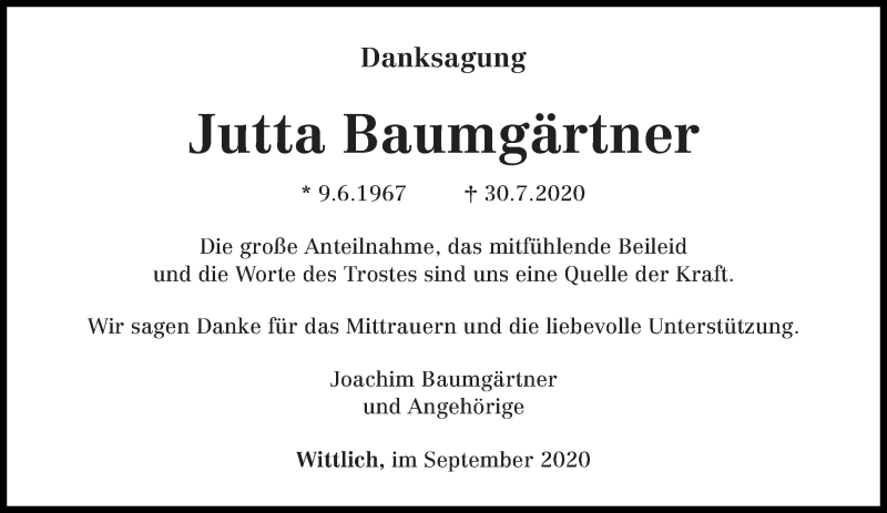  Traueranzeige für Jutta Baumgärtner vom 09.09.2020 aus trierischer_volksfreund