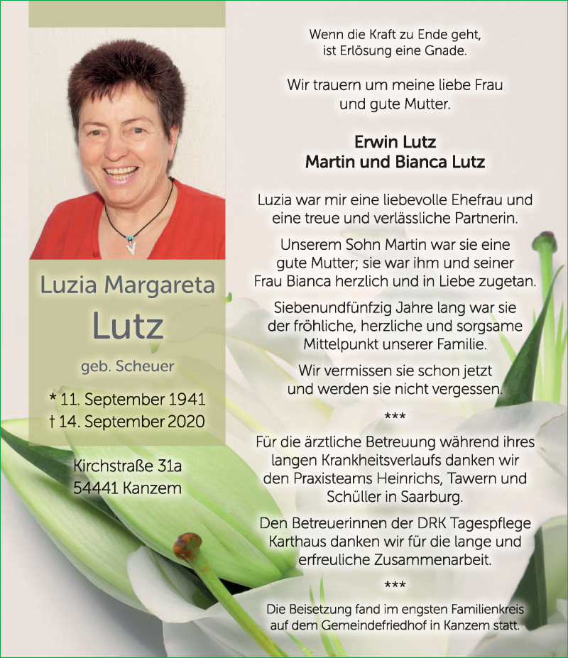  Traueranzeige für Luzia Margareta Lutz vom 26.09.2020 aus trierischer_volksfreund