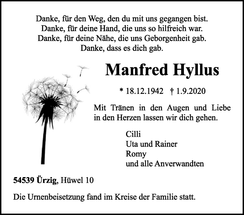  Traueranzeige für Manfred Hyllus vom 19.09.2020 aus trierischer_volksfreund