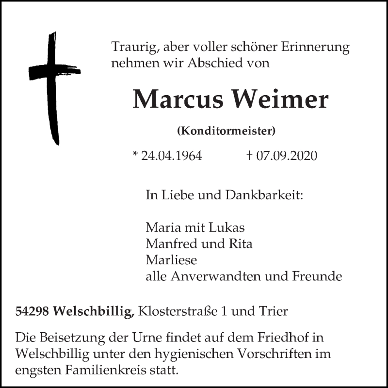  Traueranzeige für Marcus Weimer vom 16.09.2020 aus trierischer_volksfreund