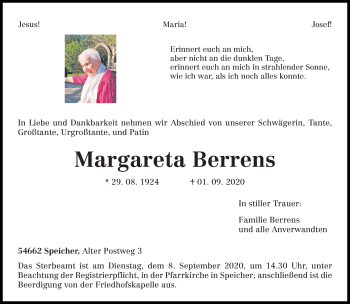 Traueranzeige von Margareta Berrens von trierischer_volksfreund