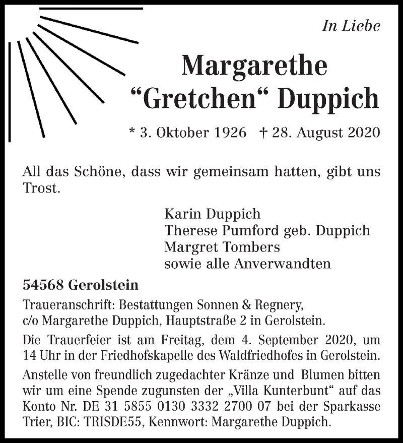  Traueranzeige für Margarethe Duppich vom 01.09.2020 aus trierischer_volksfreund